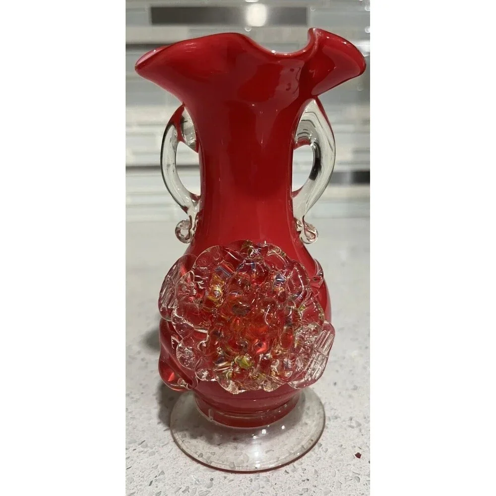 Vintage Hand Blown Art Glass by Stevens & Williams Red Cased Vase Splatter Art